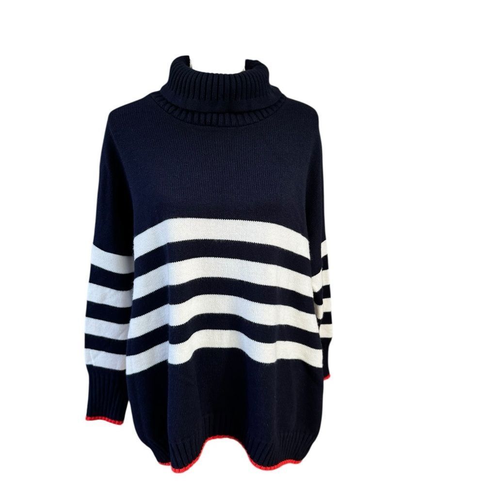 MER-SEA Marina Striped Tunic Sweater in navy blue white stripes red trim OS - Picture 2 of 4
